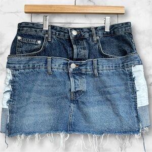 Zara double waist raw hem Denim Mini Skirt sz L , 011